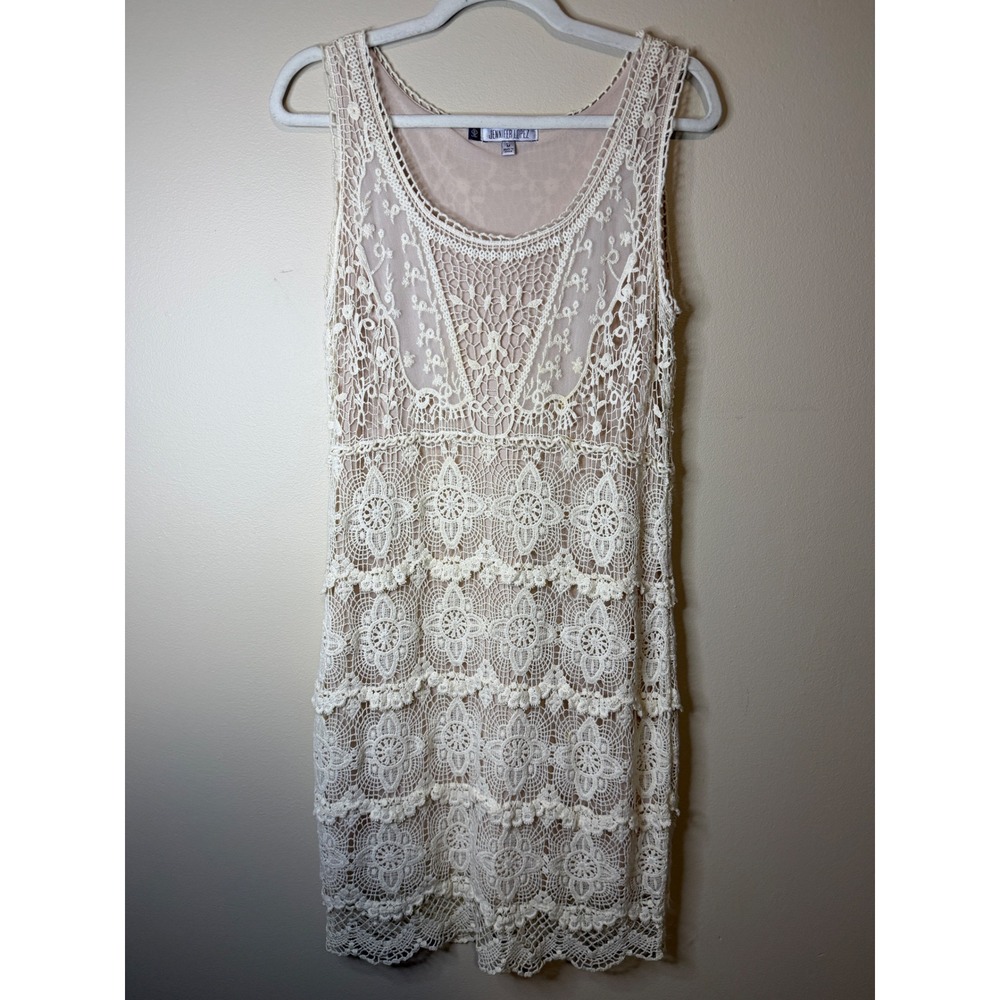 Jennifer Lopez Cream Crochet Lace Sleeveless Macrame Mini Dress Medium Boho Y2K